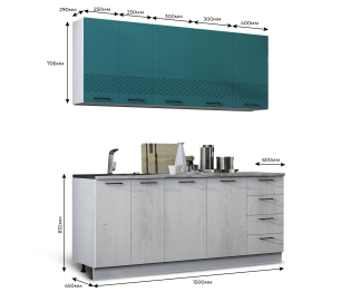 Кухня Лагуна 1,5 м К2 Морская волна/Дуб седой МДФ
