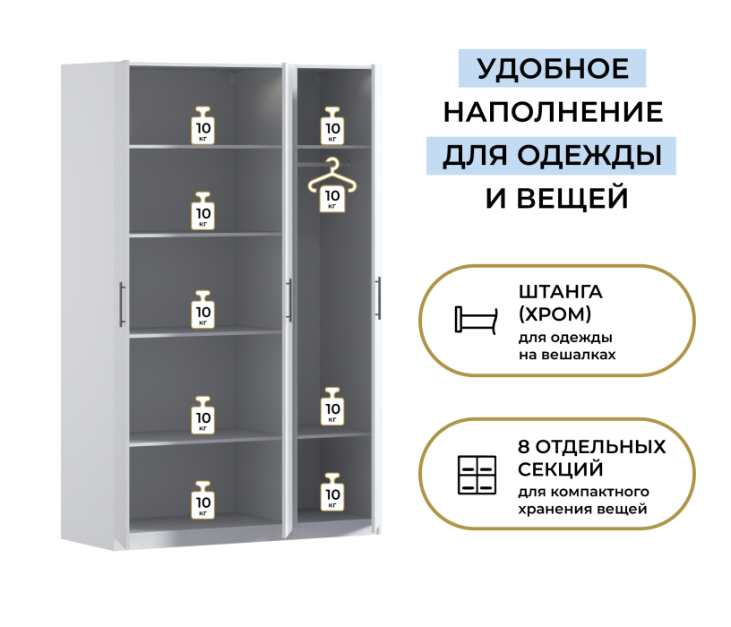 Для одежды, Шкаф трехдверный Макс 1500 мм, вариант №3 (ЛДСП)