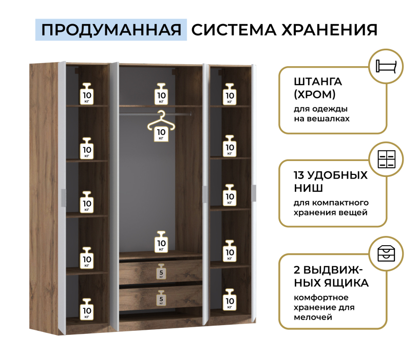 Для одежды, Шкаф четырехдверный Макс 2000 мм, вариант №1 (ЛДСП, корпус дуб вотан)