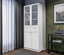 Прямые, Стеллаж Твин СБ-3373 Белый со стеклом и ящиком