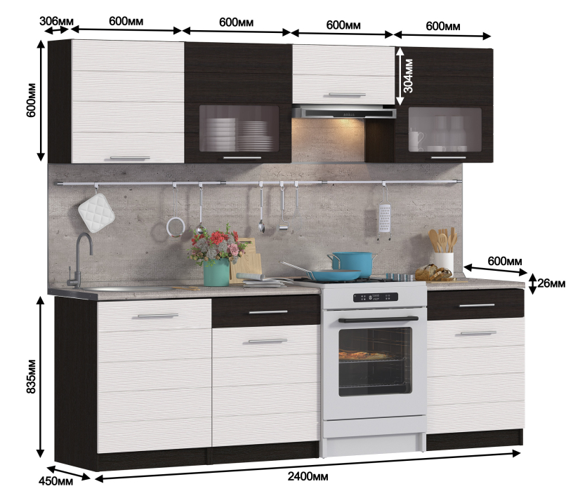Кухонные гарнитуры, Кухонный гарнитур Милена Дуб Феррара/Онденс/Венге 2,4 м