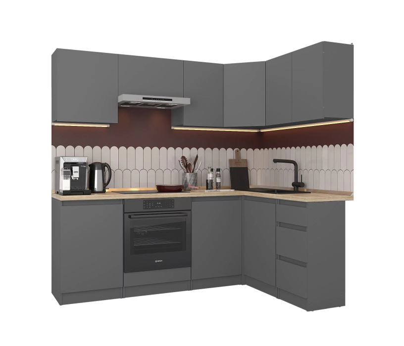 Кухонные гарнитуры, Кухонный гарнитур Леон угловой 210х140 см, диамант серый