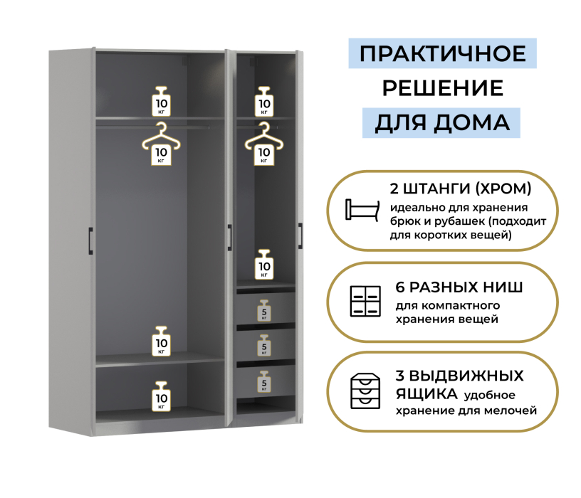 Для одежды, Шкаф трехдверный Макс 1500 мм, вариант №4 (ЛДСП)