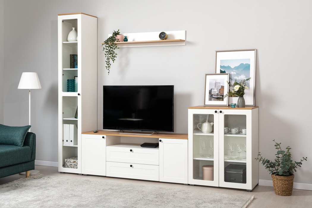 ТВ-тумбы, Тумба под ТВ Остин 16.47, белая шагрень, дуб золотой крафт