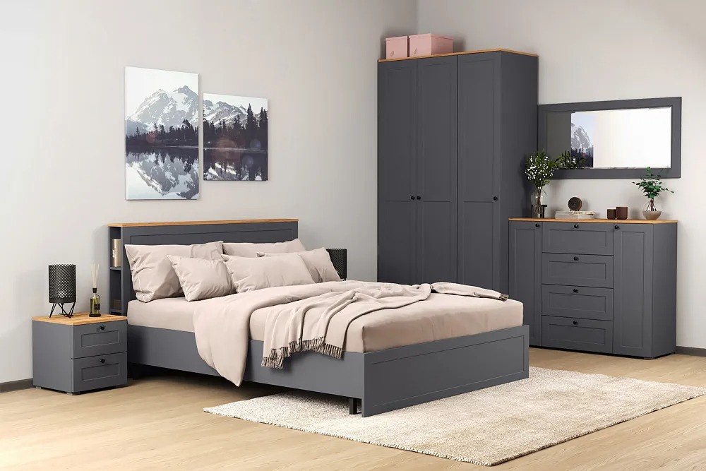 Кровати 160 см, Кровать Остин 11.53, серый графит, дуб золотой крафт